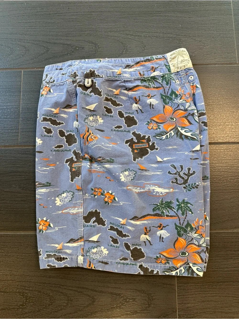 J. Crew Blue Hawaiian Map Print Swim Trunks with Orange Floral Accents